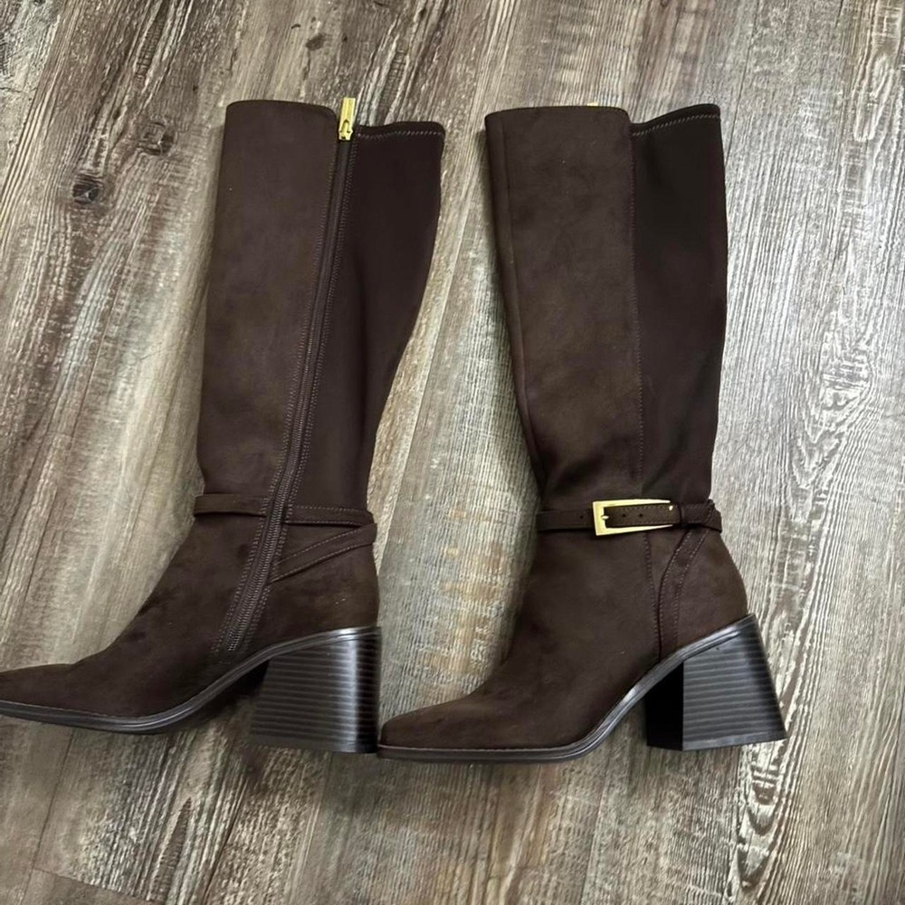 brown suede knee high boots with gold buckle